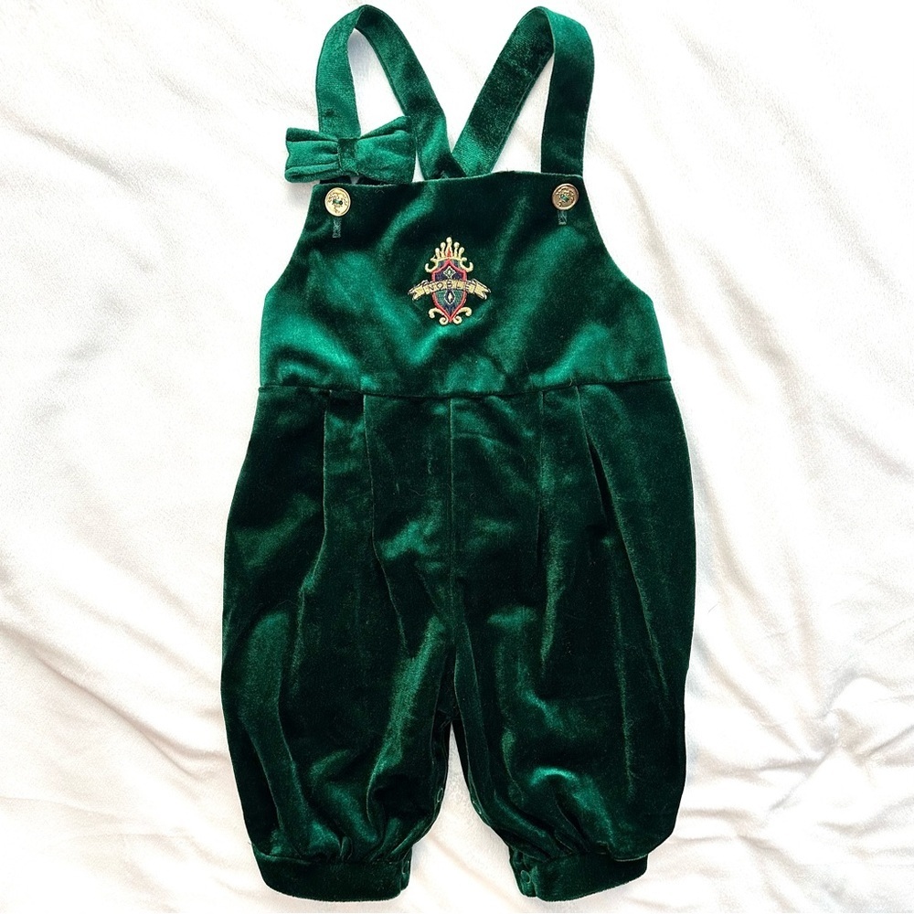 Vintage Noble Knickerall Emerald Green Velvet Overalls Baby Girl 24M Royal Crest